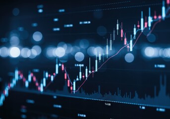 Futuristic financial data visualization with glowing candlestick chart and bokeh lights in blue tones