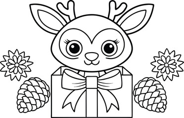 Cute Reindeer Head in Gift Box with Pine Cone Flowers Outline Coloring Page