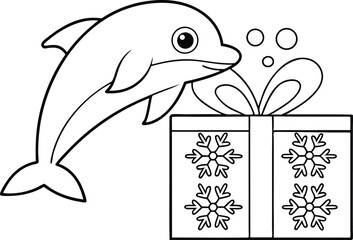 Cartoon Dolphin with Gift, Outlined, White Snowflakes on Present, Bubbles Above