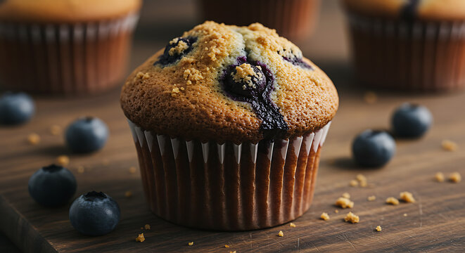 Delicious Freshly Baked Blueberry Muffin with Crumble Topping Close Up