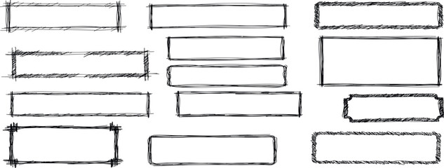 Set of doodle handdrawn highlight rectangles. Collection of marker, pencil or pen sketch elements of squares and marks isolated on transparent background