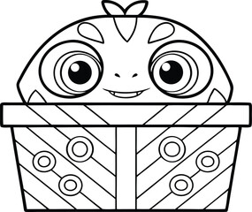 Smiling Monster in Decorated Box, Black Outline, Big Eyes, Isolated Transparent