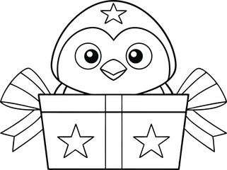 Festive Penguin in Gift Box with Star Outline, Cartoon Clip Art on White