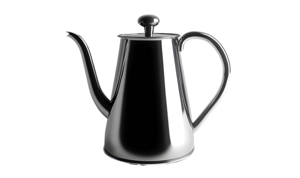 Polished stainless steel oil and vinegar pitcher.  Features a tapered body,  a long spout, and a lid