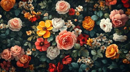 Fototapeta premium Vibrant floral pattern with colorful roses and blossoms on dark backdrop