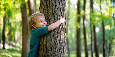 kid hugging tree in park
