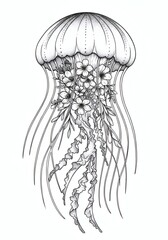 Floral embrace, a monochromatic Jellyfish with delicate flowers and flowing tentacles