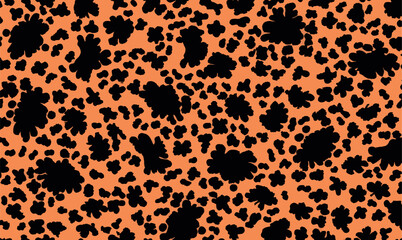 Cow fur seamless pattern vector background. Cow skin pattern design. Cow texture repeated seamless orange and black animal skin fur. Wildlife fur skin for web, surface, background, graphic design.