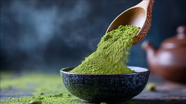 Pouring Green Powder Into Bowl with Spoon Food Preparation