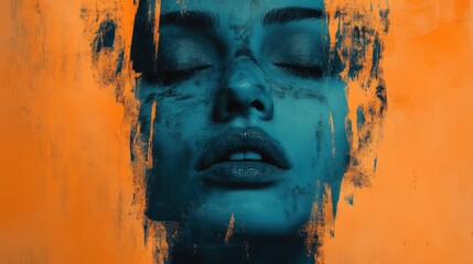 Female portrait with abstract orange and blue paint texture