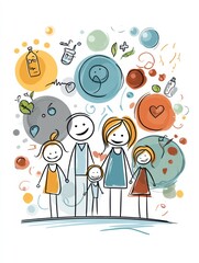 Happy Family Icon Surrounded by Health and Joy Symbols Illustrating Togetherness and Well-Being in a Cheerful, Colorful Design