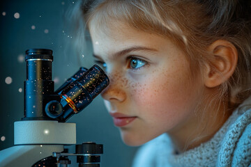 Curious girl looking through microscope during science experiment, little scientist, generative AI