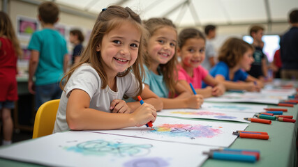 Fototapeta premium Children's Art Exhibition: Children proudly displaying their art work at a fair.