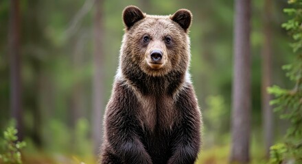 Obraz premium Curious Wild Brown Bear Cub Standing Upright on Hind Legs Looking at Camera Wildlife Portrait Cute