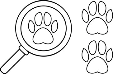 Paw Prints Outline with Magnifying Glass on Transparent Background Line Art