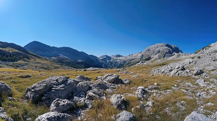 Mountain valley panorama, sunny meadow, rocky landscape, scenic view, nature background, outdoor, travel, hiking, peaceful