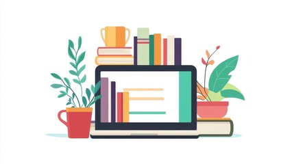 Flat line design website banner of e-learning, e-book, online education. Modern vector illustration for web design, marketing and print material.