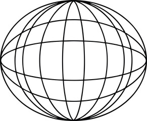Sphere with Lines, Black Outline on White Background, Geometric Grid Element