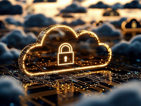 A glowing cloud icon with a lock symbol represents data security and cloud computing against a backdrop of digital circuitry and clouds.