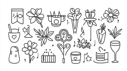 Event planning icons. Simple set of party related vector line Icons. Contains such Icons as bouquet of flowers, karaoke, dj, masquerade and more.