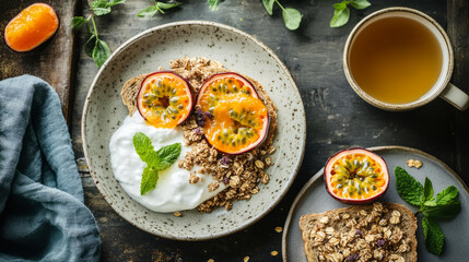 Delicious passion fruit and granola breakfast with yogurt and mint on rustic table