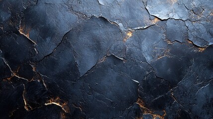 Dark, cracked stone surface.  Intricate, deep fissures and rough texture.  Hints of warm gold within the dark gray stone
