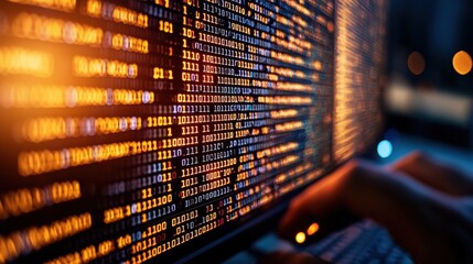 A person is typing on a keyboard in front of a screen displaying binary code, representing data processing and technology.