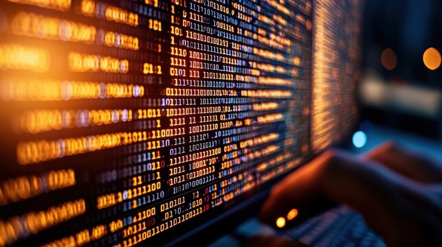 A person is typing on a keyboard in front of a screen displaying binary code, representing data processing and technology. - Powered by Adobe