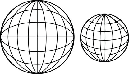 Two Black and White Globe Icons with Grid Lines on Transparent Background