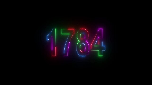 neon sign 1784 ,Four neon color Glowing neon number text background 4k video animation . 1784 title metal text on black alpha channel background