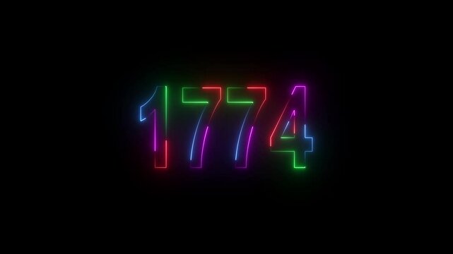 neon sign 1774 ,Four neon color Glowing neon number text background 4k video animation . 1774 title metal text on black alpha channel background