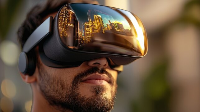 A man wearing a virtual reality headset gazes at a stunning urban landscape reflected in the lenses, immersed in a digital experience.