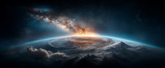 Cosmic Earth A fiery explosion erupts from a planet surrounded by swirling clouds and stars in a vast space