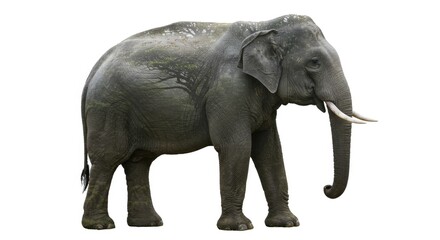 Naklejka premium Elephant Outline Double Exposure Misty Forest Artistic Composition Wildlife Nature Conservation Blend