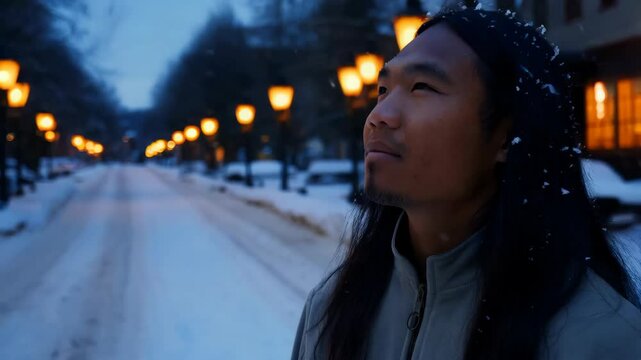 A Southeast Asian man with long hair observes the gently falling snow while standing on a tranquil, snow-covered street lined with lamps