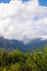 Dramatic view of cloud-covered mountains with mist rolling over the forested slopes. Captured on a moody day with soft, diffused light. A majestic and atmospheric landscape evoking mystery and grandeu