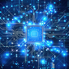 Abstract AI circuit board background. Technology connected blue lines with electronics elements.