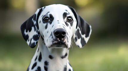 A Dalmatian dog with black spots sitting on the grass, looking around attentively with a curious expression.