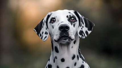 A Dalmatian dog with black spots sitting on the grass, looking around attentively with a curious expression.