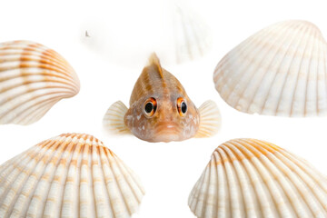 Obraz premium Colorful fish surrounded by delicate seashells in an underwater setting