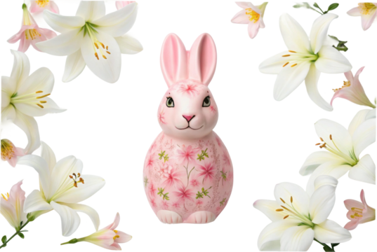 Decorative bunny figurine surrounded by fresh lilies for spring celebration and festive decor