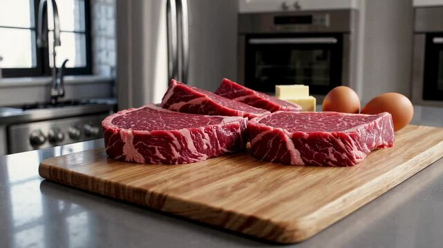 Fresh ingredients for a carnivore diet, including raw ribeye steaks, butter, and eggs, are displayed on a wooden cutting board in a contemporary kitchen setting