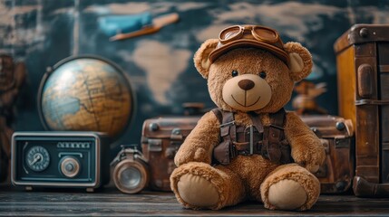Adventurous teddy bear with goggles and vintage travel items in rustic setting