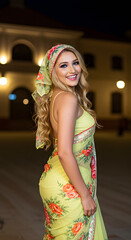 A lovely young lady wearing a stylish saree with beautiful soft fair skin.