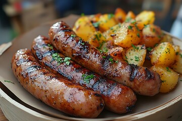 Grilled sausages and potatoes with parsley garnish on a wooden plate