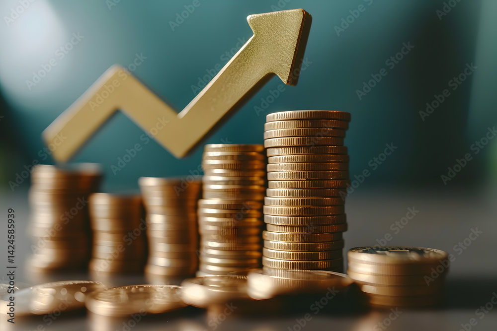 Aufkleber increasing wealth concept with stacked coins and arrow