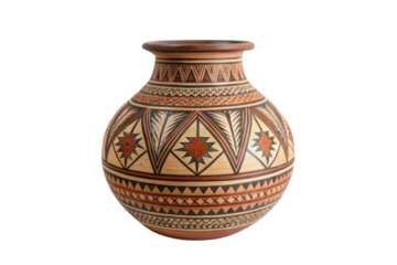 Handcrafted pottery vase featuring intricate tribal designs and rich earthy colors for home decor or cultural display