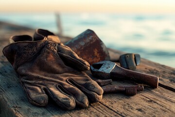 Well-worn leather work gloves and rusty tools rest on weathered wood near a tranquil ocean.