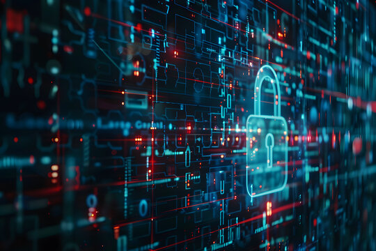 Futuristic digital background with a glowing padlock symbolizing secure data