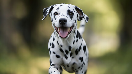 A Dalmatian with its distinctive black spots running alongside a river, splashing in the water.